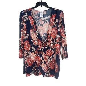 Jaclyn Smith Women’s 3X Faux Wrap Top Navy Floral Draped Stretch Blouse Office